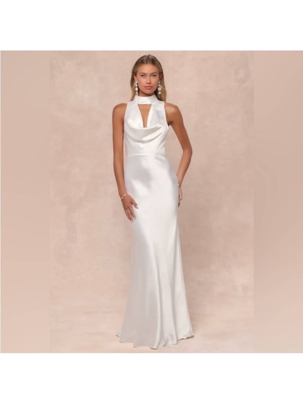 NWT - Lulus Gorgeous Vow Satin Mock Neck Cowl Mermaid Dress White Bridal Halter